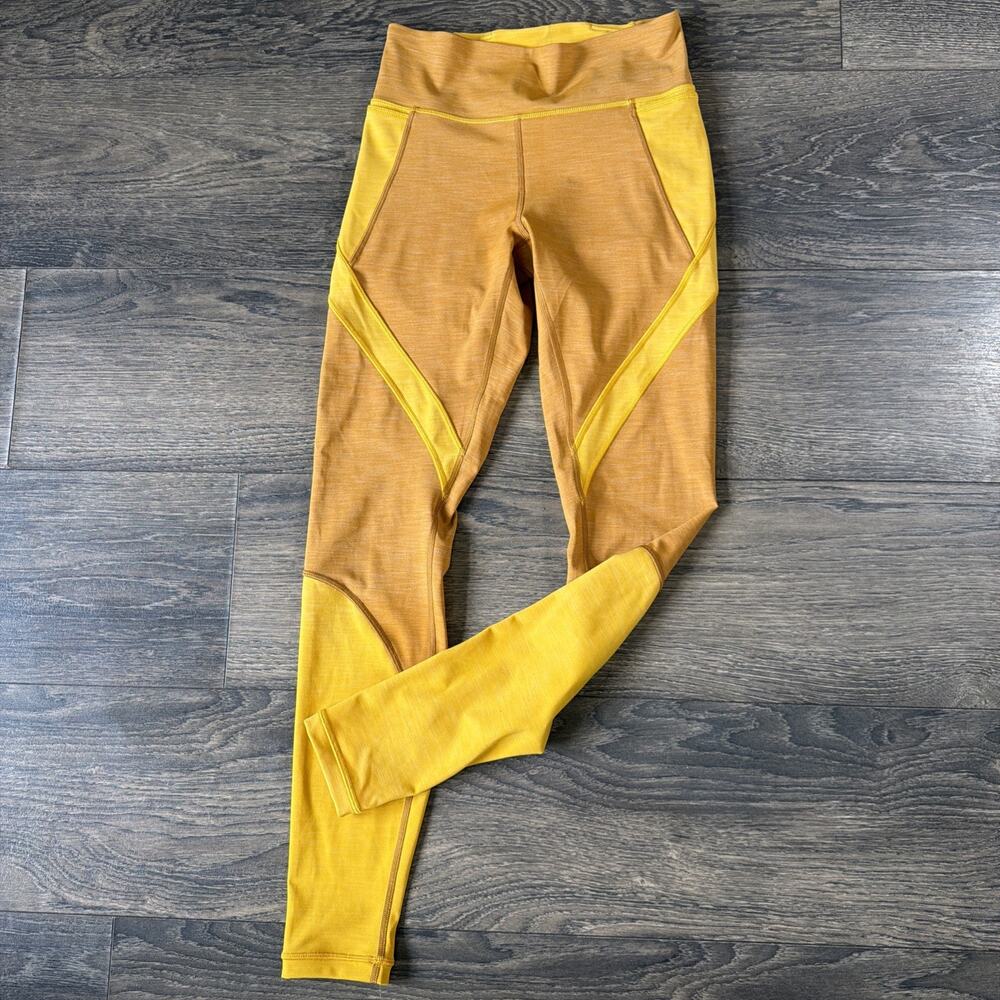 Lululemon Color Block Leggings Size 6 Yellow Gold Running Yoga Athletic Gym - Picture 1 of 9